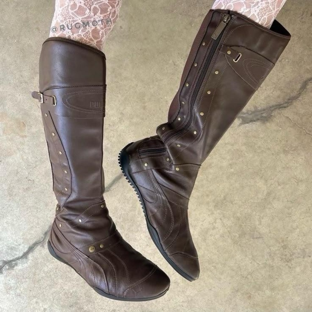 PUMA Berlin Boots Womens 6 Brown Leather Knee High Studded Side Zip Flat Belt